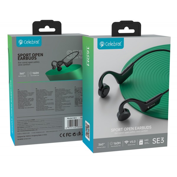 CELEBRAT earphones SE3, Bluetooth 5.0, 180mAh, Φ16mm, μαύρα - Ακουστικά - Bluetooth