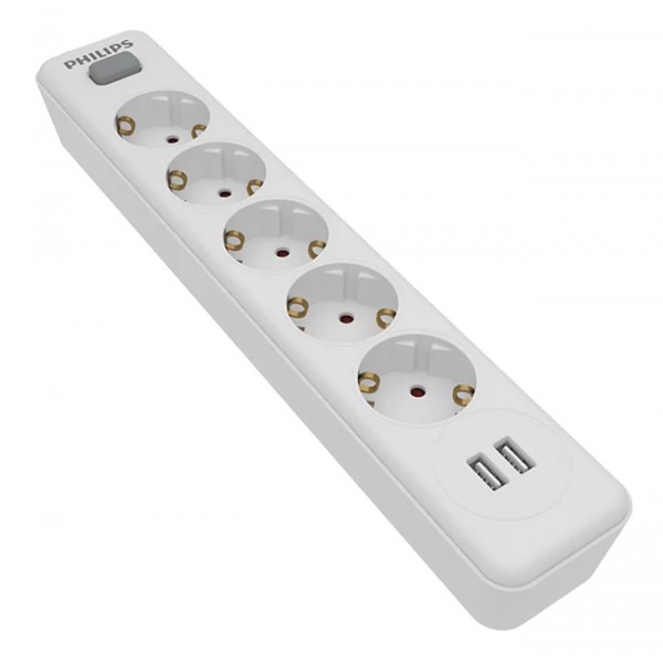 PHILIPS πολύπριζο SPN3052WA, 5x schuko 16A, 2x USB 2.4A, 2m, λευκό - Πολύπριζα Ρεύματος