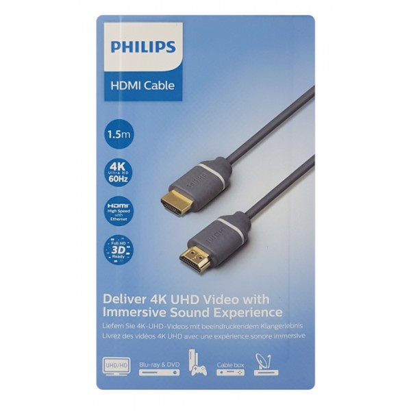 PHILIPS καλώδιο HDMI 2.0 SWV5610G, 4K 3D, copper, γκρι, 1.5m - Εικόνα