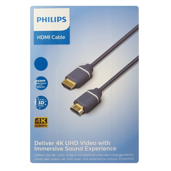 PHILIPS καλώδιο HDMI 2.0 SWV5630G, 4K 3D, copper, γκρι, 3m - Εικόνα