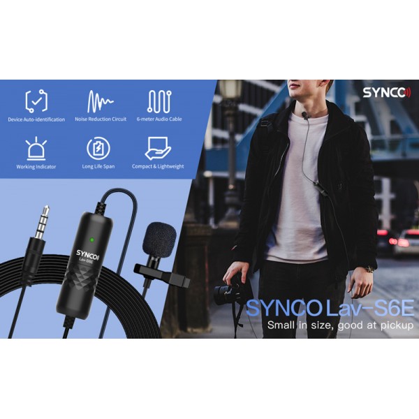 SYNCO μικρόφωνο Lav-S6E με clip-on, omnidirectional, 3.5mm, 6m, μαύρο - SYNCO