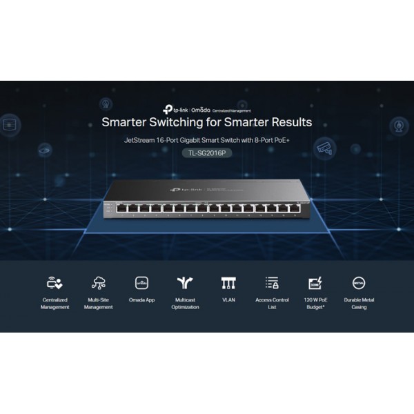 TP-LINK JetStream switch TL-SG2016P, 16-Port Gigabit, 8x PoE+, Ver. 1.0 - Switches