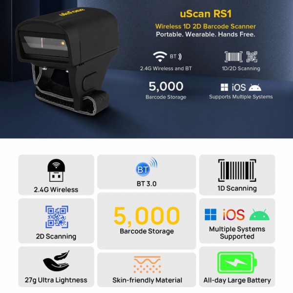 ULEFONE barcode scanner uScan RS1, ασύρματο 2.4G/Bluetooth, 1D/2D, μαύρο - ULEFONE
