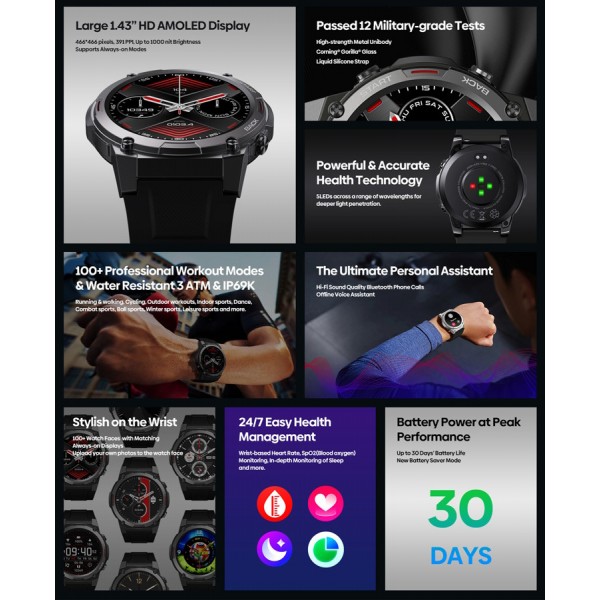 ZEBLAZE smartwatch Vibe 7 Pro, 1.43" AMOLED, ηχείο & mic, 3 ATM, μαύρο - Σύγκριση Προϊόντων