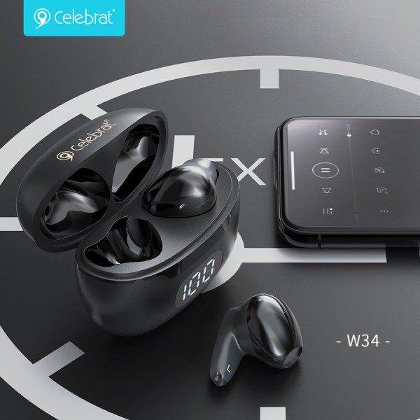 CELEBRAT earphones με θήκη φόρτισης TWS-W34, True Wireless, μαύρα - Ακουστικά - Bluetooth