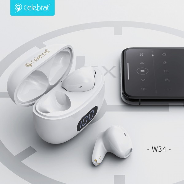 CELEBRAT earphones με θήκη φόρτισης TWS-W34, True Wireless, λευκά - Ακουστικά - Bluetooth