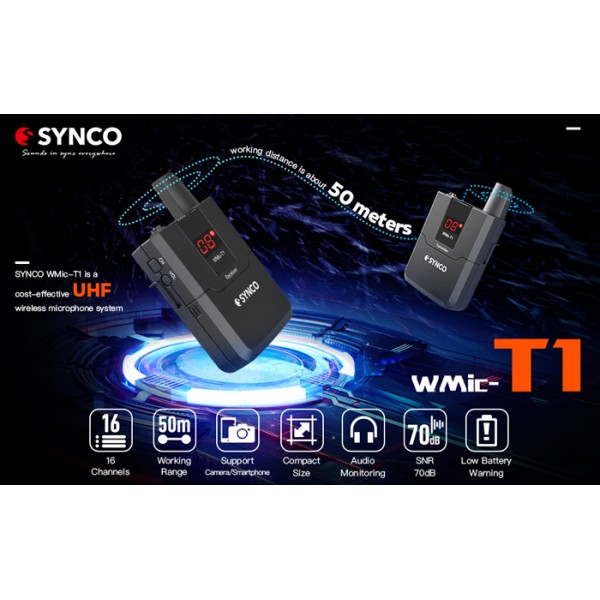 SYNCO ασύρματο μικρόφωνο Wmic-T1, ενσωματωμένο clip-on, UHF, γκρι - SYNCO