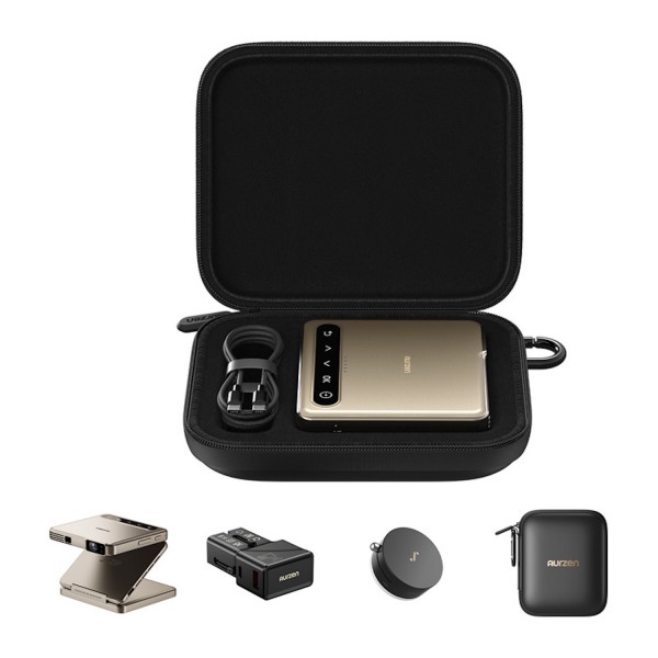 Aurzen ZIP Tri-Fold Portable Mini Projector Gold 4 in 1 Bundle - 