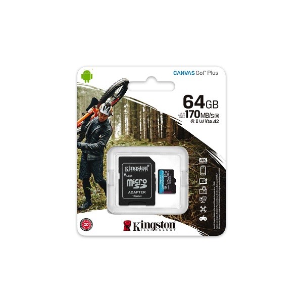 KINGSTON Memory Card MicroSD Canvas Go! Plus SDCG3/64GB, Class 10, SD Adapter - KINGSTON