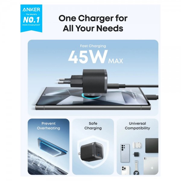 Anker Wall Charger Nano 45W, 1xUSB-C, Black - ANKER