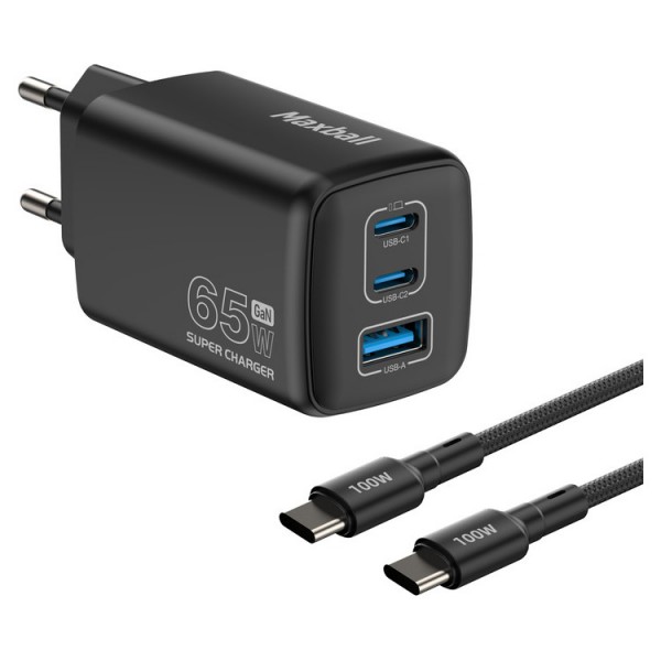 MAXBALL Charger T830 GaN II 3-Ports 65W Black with cable Type-C to Type-C 100W 1.5m (Laptop / Tablet / Smartphone) - MAXBALL