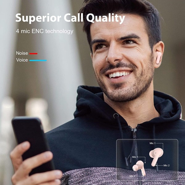 QCY T13 TWS PINK Dual Driver 4-mic noise cancel. True Wireless Earbuds - Quick Charge 380mAh