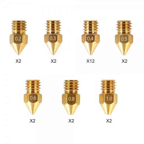 CREALITY MK8 Nozzles Kit (24 pcs) 0.2mm*2, 0.3mm *2, 0.4mm*12, 0.5mm*2, 0.6mm *2, 0.8mm*2, 1.0mm*2 - CREALITY