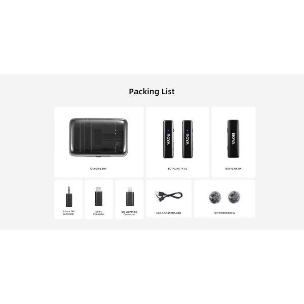 BOYALINK Mobile Wireless Mic for Android (USB-C) iPhone IOS and 3,5 TRS (laptop) 2 person vlog