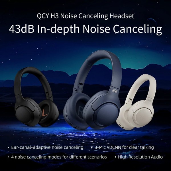 QCY H3 High-Res Headset Blue - w. Mic, Active Noise Canceling with 4 mode ANC 60h Multipoint - Headphones