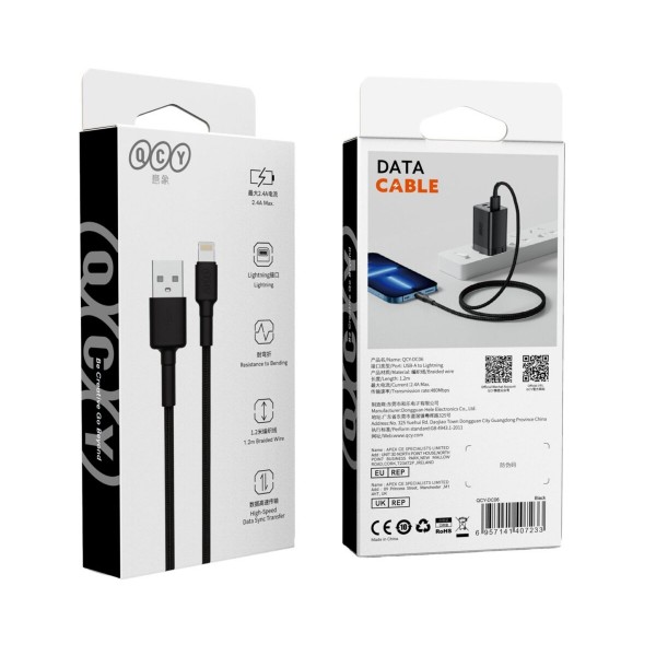 QCY USB-A to Lightning 20, 21.6W iPhone braided wire Cable Fast Charging & Data, 60W TPE+ 1,2m - QCY