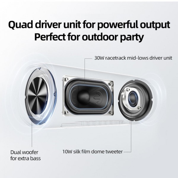 QCY SP7 Blue -  Portable Bluetooth Speaker w Stereo Sound 40W, Mic for Calls, RGB Light Show