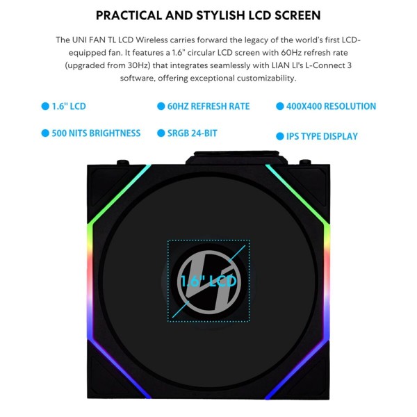 Lian Li UNI FAN TL-LCD Wireless Reverse 140 Black (1pc) Case Fan - No Controller Included - LIAN LI