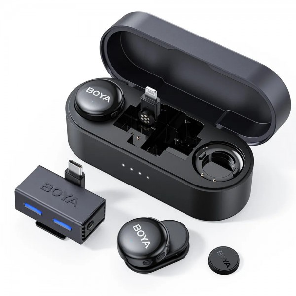 BOYALINK 3 - Type-C, Lightning & 3,5mm AI-Powered Button Wireless Microphone 2 TX + 1 RX + cha. Case - Microphone (Mobile)