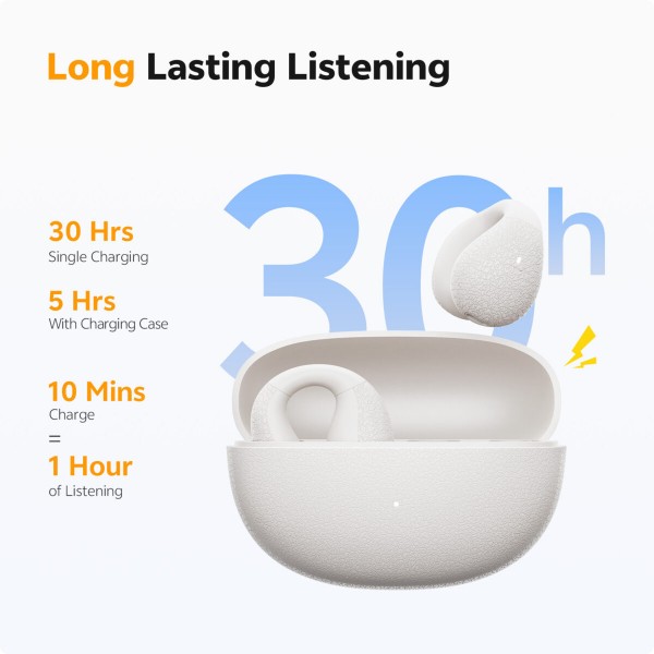 QCY Crossky C10 White Open Ear TPU Earclip, IPX5 Call Noise Reduction BT 5.4 Earbuds 30h