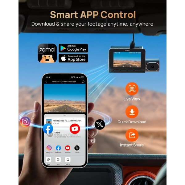 70mai Dash Cam 4K T800 & Rear Cam. & 256GB SD 3-Channel w/ Dual 4K, IMX678, HDR Night Vision, AI Det