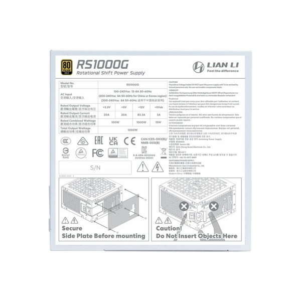 Lian Li RS1000G  White - 1000 Watt 80+ Gold PSU - 12V-2x6 Colored Cable - RS Hub - Fully Modular