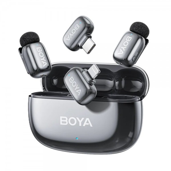 BOYA mini 2 Lightning & Type-C -Space Grey, 2,4GHz 2mic Wireless AI-ANC Mic w. Charging Box - BOYA