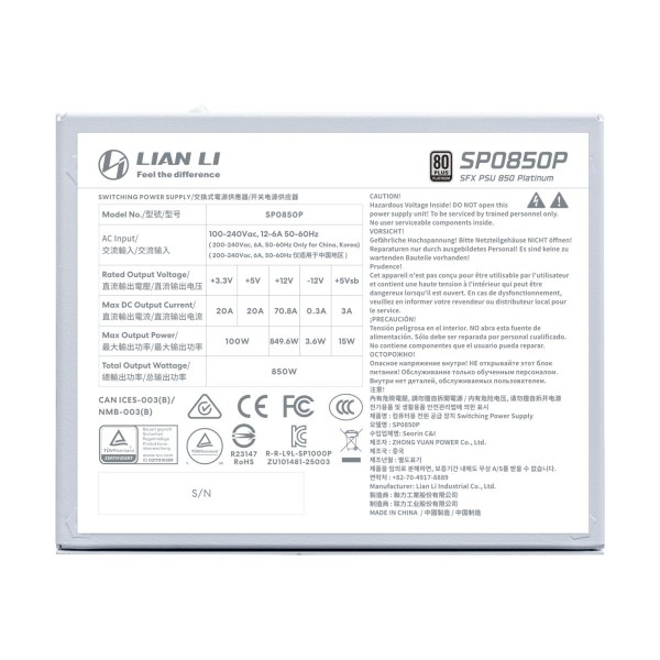 LIAN LI SP0850P White - 850W 80+ Platinum PSU - 10 Years Warranty - 12V-2x6 - Japanese Capacitors
