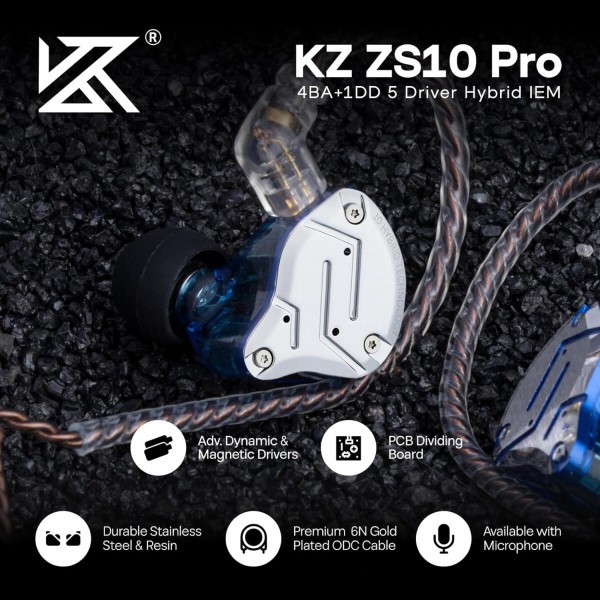 KZ ZS10 PRO Blue No Mic - IEM 3,5 Musician In Ear Monitor Earphones, 4BA+1DD 5 Driver 10mm, metal