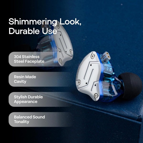 KZ ZS10 PRO Blue With Mic - IEM 3,5 Musician In Ear Monitor Earphones, 4BA+1DD 5 Driver 10mm, metal