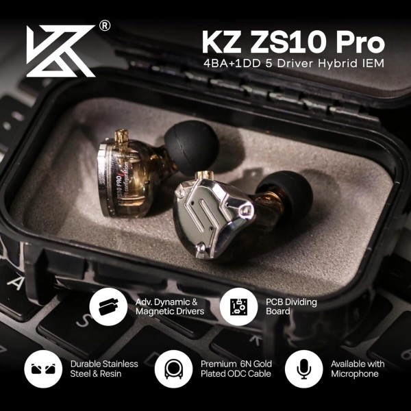 KZ ZS10 PRO Black With Mic - IEM 3,5 Musician In Ear Monitor Earphones, 4BA+1DD 5 Driver 10mm, metal