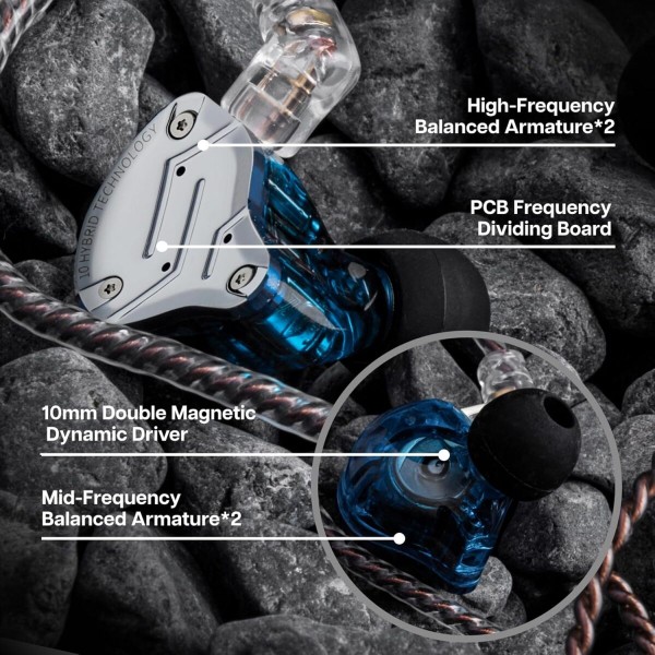 KZ ZS10 PRO Blue With Mic - IEM 3,5 Musician In Ear Monitor Earphones, 4BA+1DD 5 Driver 10mm, metal