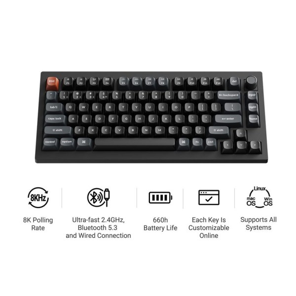 Keychron V1 Ultra (V1U-D1) QMK/VIA 8K Wireless Custom Mechanical Keyboard Red Switch RGB 75% US - 