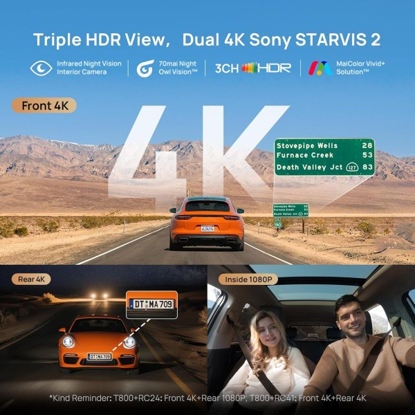 70mai Dash Cam 4K T800 & 4k Rear Cam. & 256GB SD 3-Channel w/ Dual 4K, IMX678, HDR Night Vision, AI - 