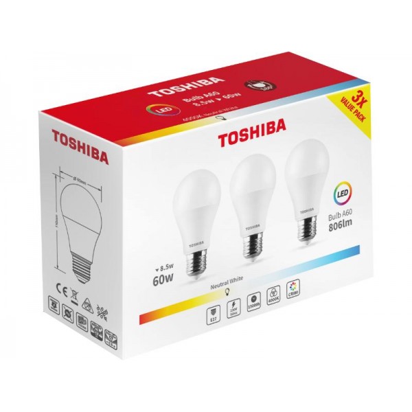 TOSHIBA LED 3PACK A60 E27 8.5W 4000K - Σύγκριση Προϊόντων