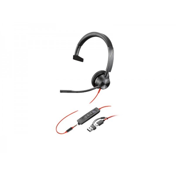 Poly Blackwire 3315 Monaural Microsoft Teams Certified USB-C Headset + 3.5mm Plug +USB-C/A Adapter (8X218AA) - 